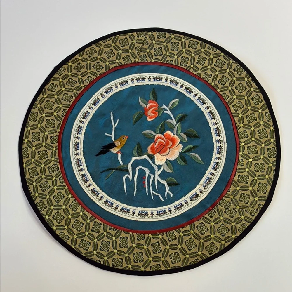 Vintage Chinese Silk Placemat with Floral Bird Embroidered Center - Brocade
